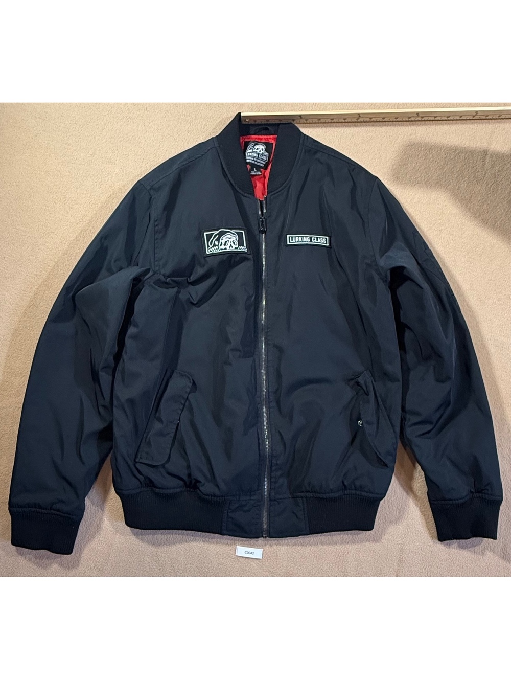 Lurking Class Black Bomber Jacket with Skull Patch, Size Large